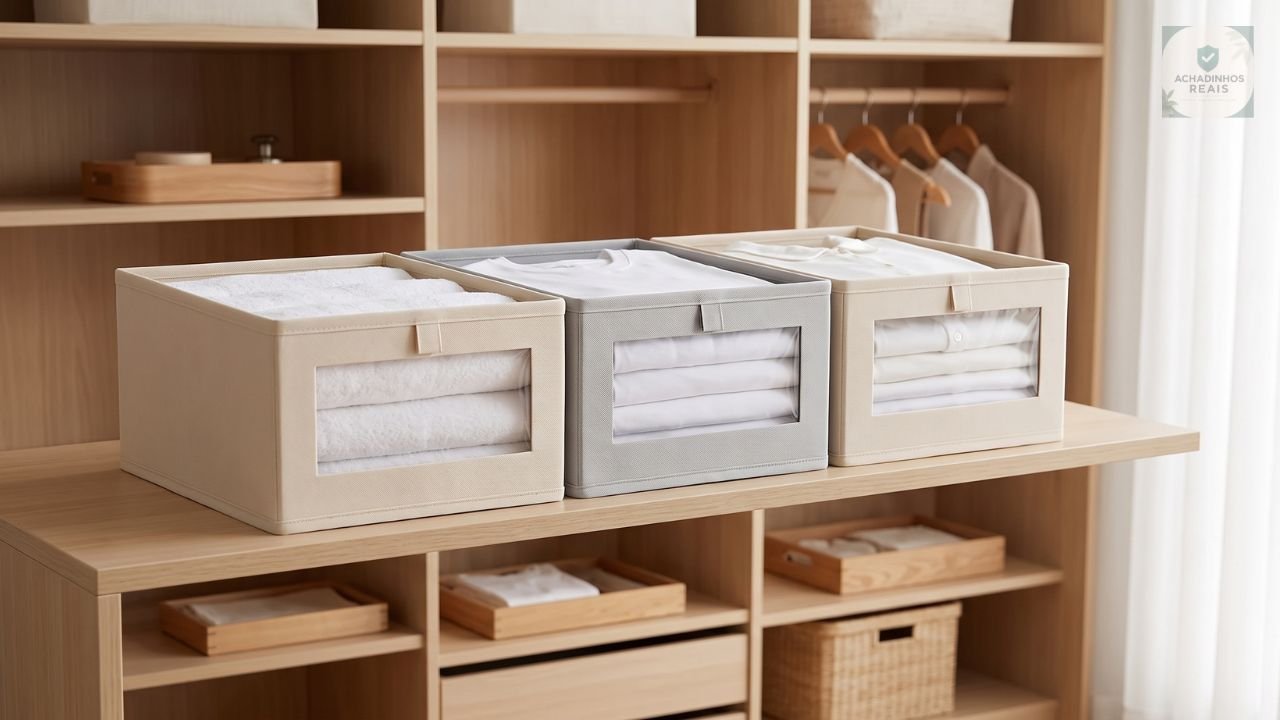 Leia mais sobre o artigo Kit Caixas Organizadoras Dobráveis com Visor: A Solução Definitiva Para o Guarda-Roupa?